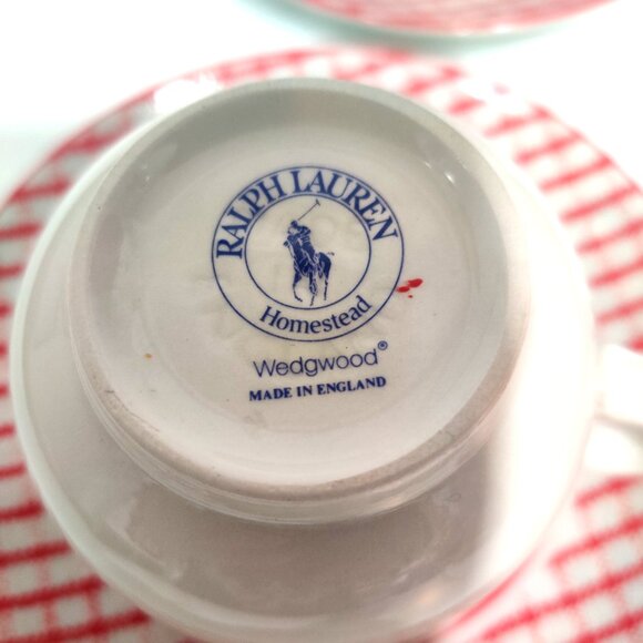 2 Ralph Lauren Wedgwood Homestead Cups & Saucers  England Red White Checker - Picture 6 of 14